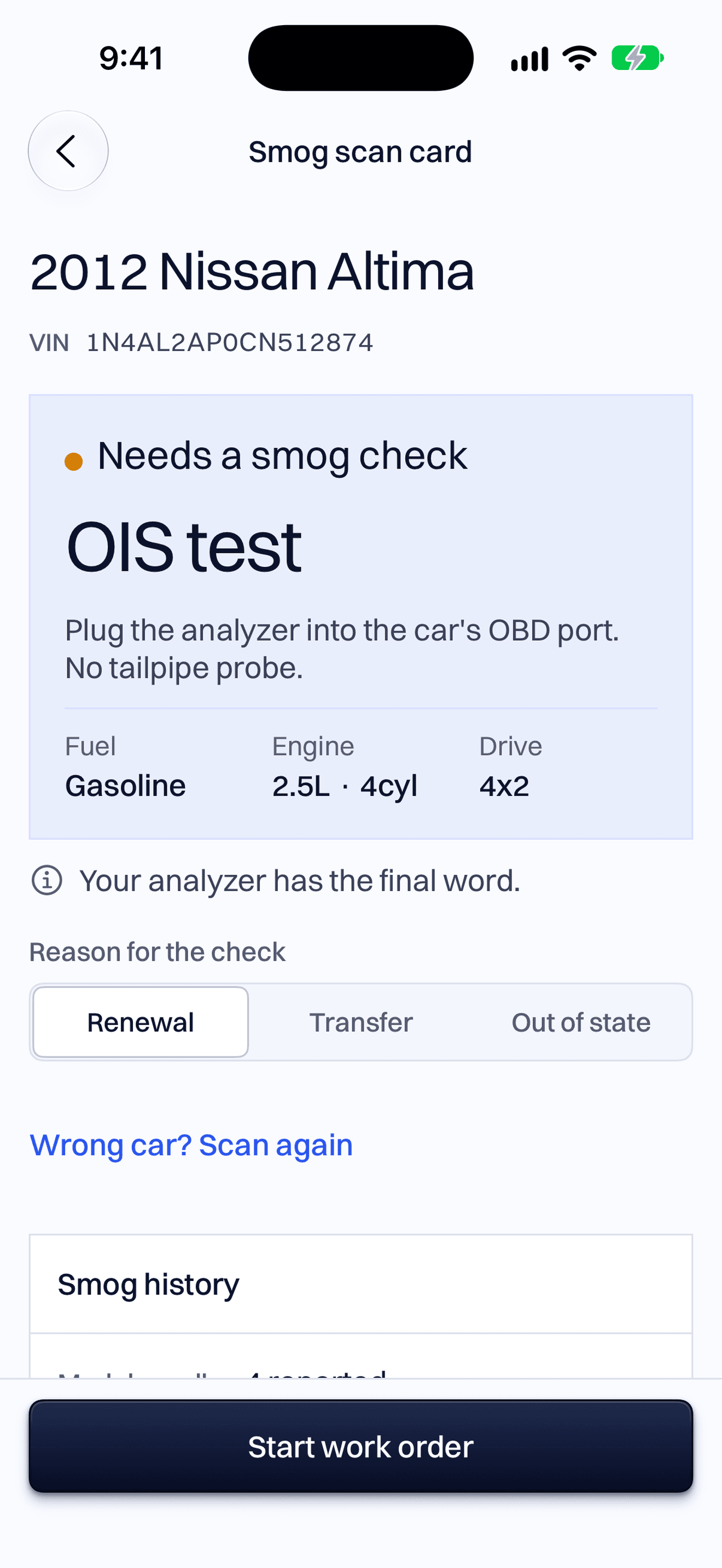 SmogScanner on an iPhone: a scanned 2012 Nissan Altima that needs a smog check, the OIS test.