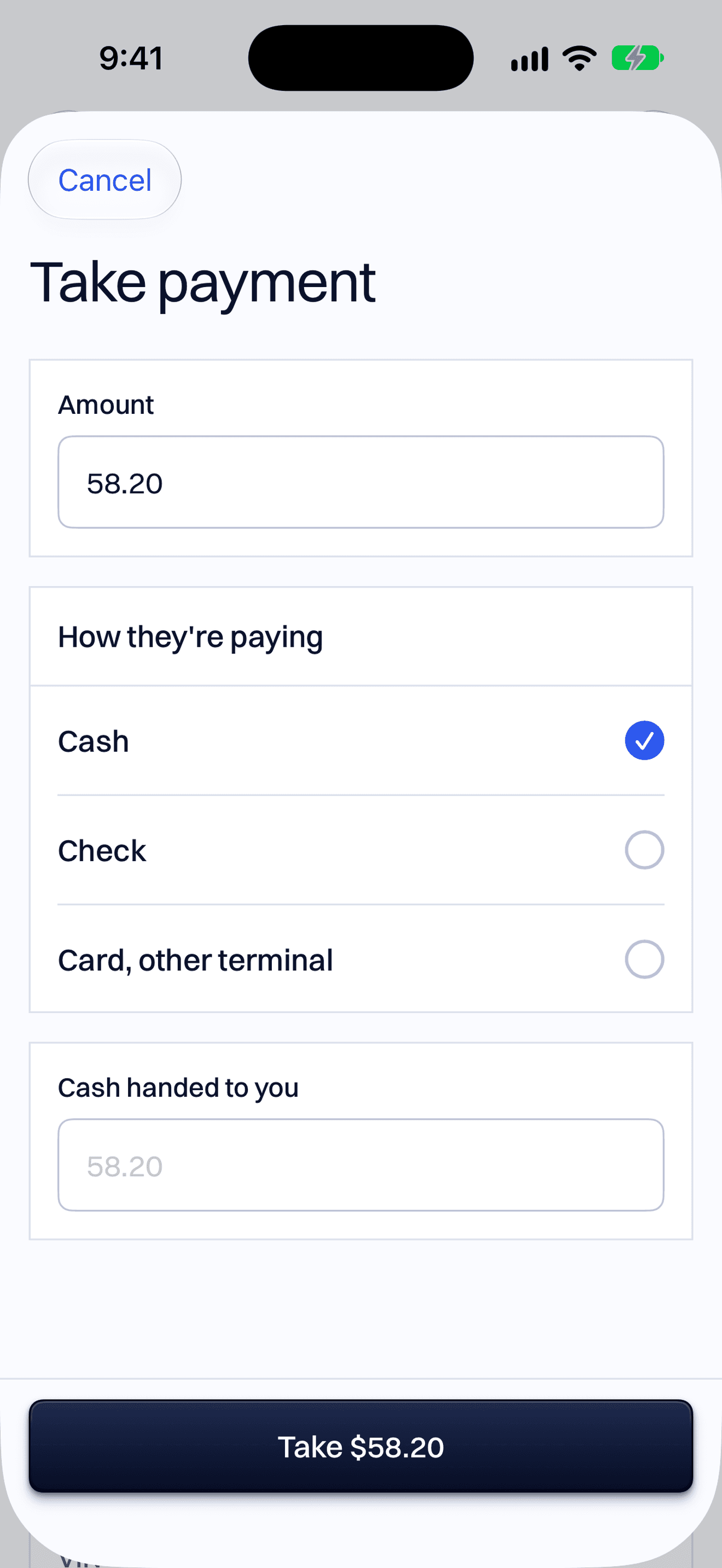 The Take payment screen: $58.20, paid in cash, by check or by card.