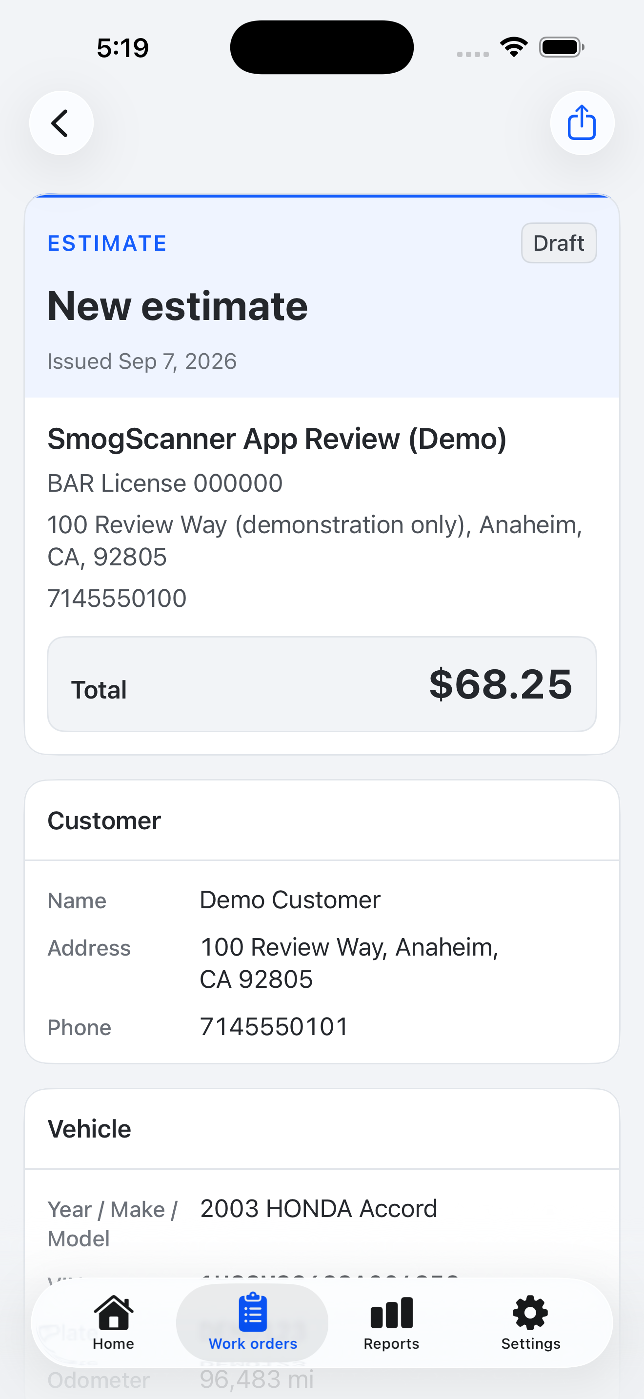 Actual iPhone estimate screen with fictional demo station and customer data