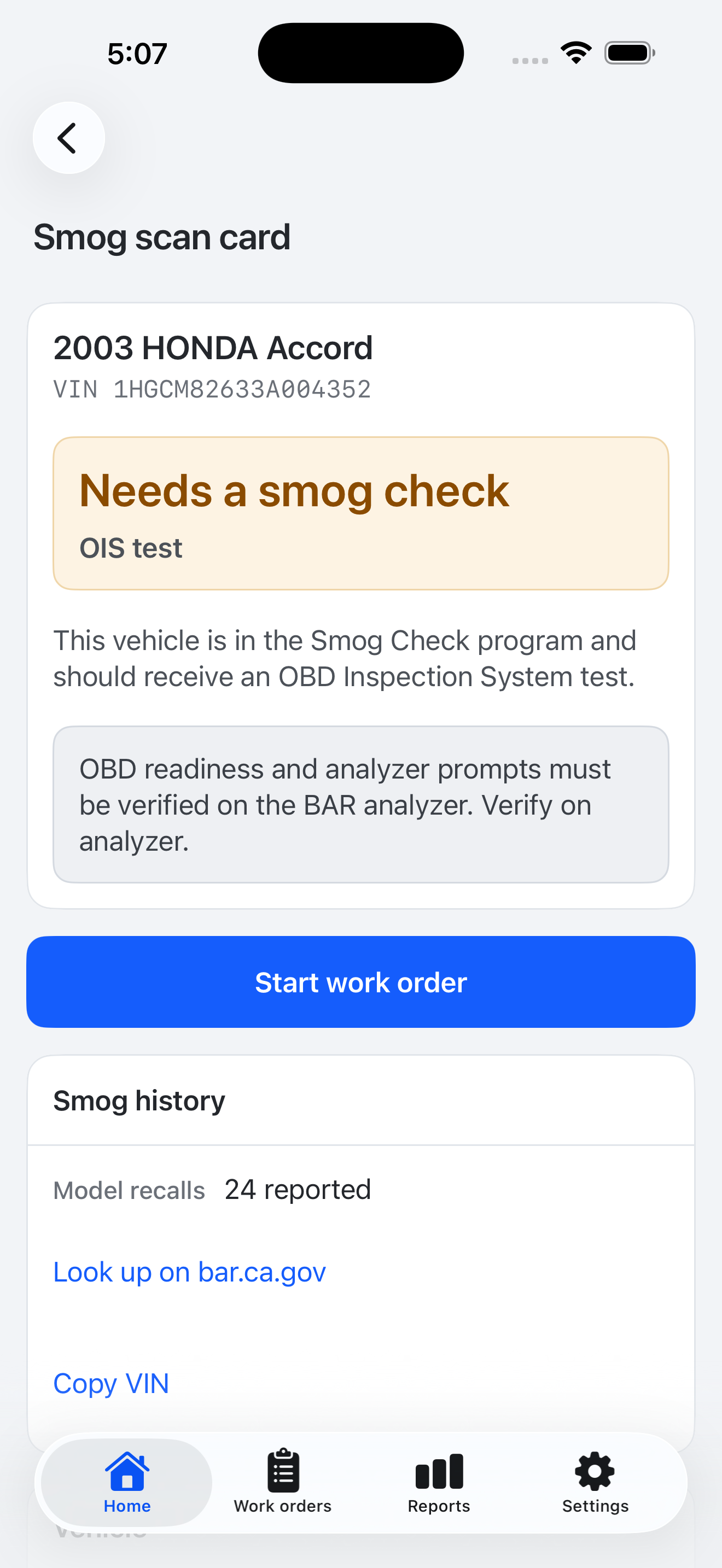 SmogScanner on iPhone showing a Honda Accord scan result, OIS test guidance, and the BAR history link
